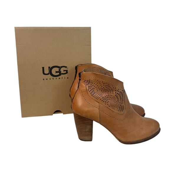 UGG Shoes - UGG Charlotte Perforated Tan Leather Cowgirl Ankle Booties Zip Back Sz 7 EU 38